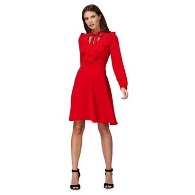 Red long sleeve frill front dress